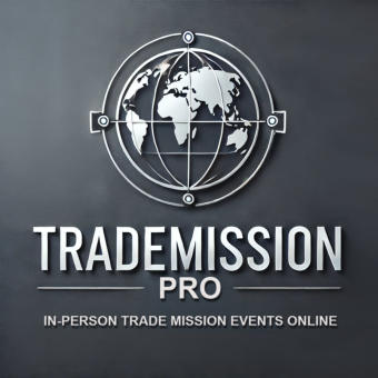 Logo of "TradeMission Pro" featuring stylized globe with continents and orbit lines above the text. Tagline below reads "In-Person Trade Mission Events Online", all on a dark textured background.