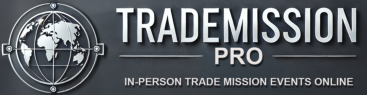 Logo for TradeMission Pro featuring a stylized globe with latitude and longitude lines on the left and the words "TRADEMISSION PRO" in large text to the right. Below, small text reads "IN-PERSON TRADE MISSION EVENTS ONLINE." The background is a textured d