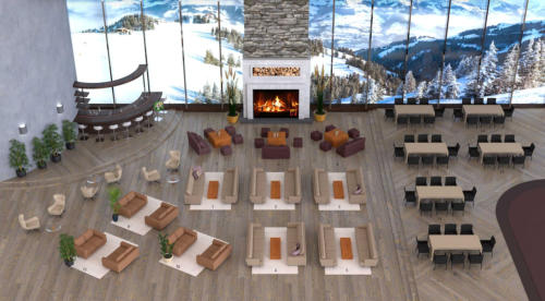 A spacious lounge area in a virtual event environment with a panoramic view of snowy mountains. The room features cozy seating arrangements around a central fireplace, dining tables, and a curved bar. The decor includes potted plants and modern furniture,