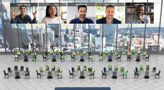 A modern conference room with floor-to-ceiling windows offering a panoramic view of the city of London skyline. The room has nine round tables, each with six black chairs, arranged in three rows. The city view includes several high-rise buildings under a 